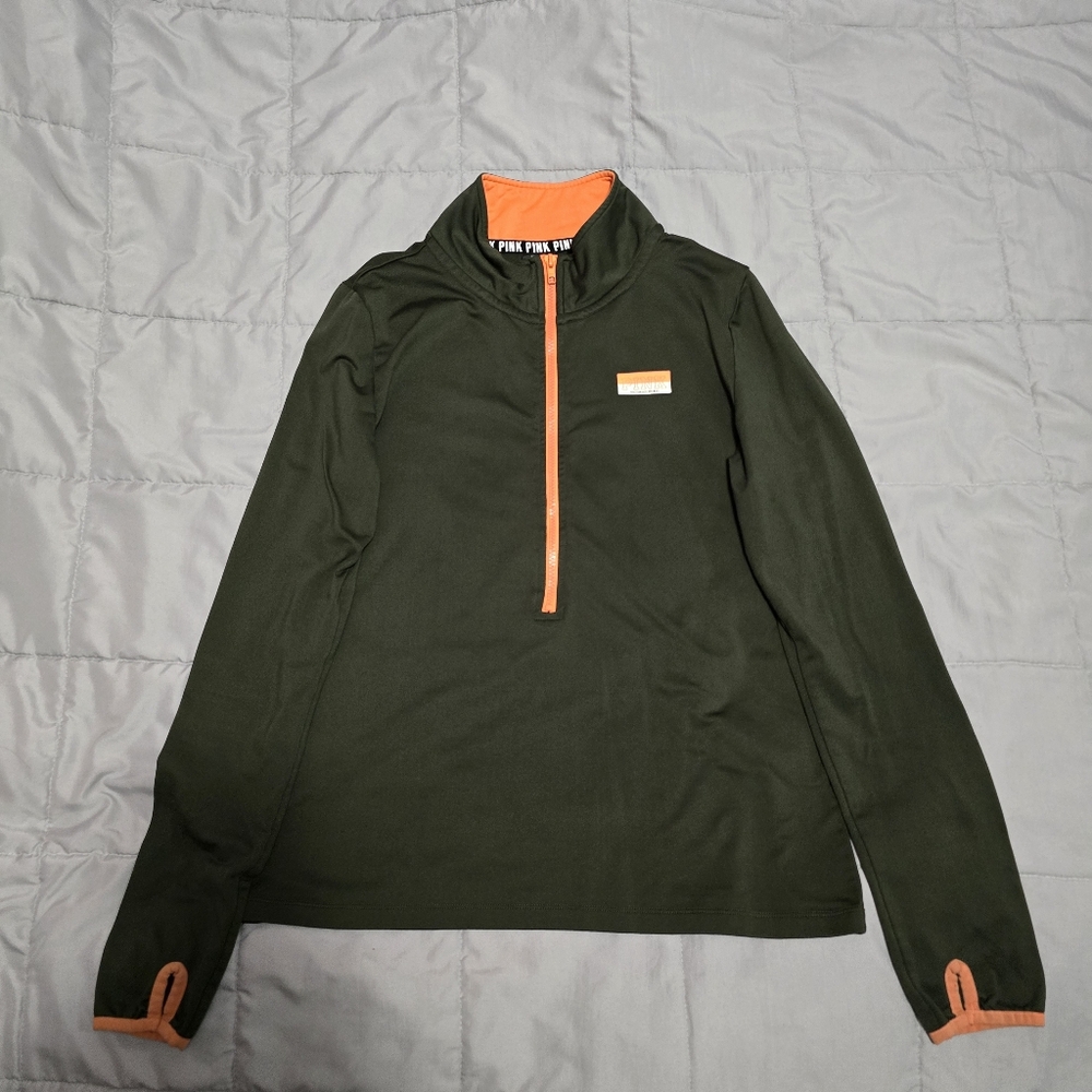 Victoria's Secret PINK Ultimate Quarter Zip Olive Green/ Orange/ Silver